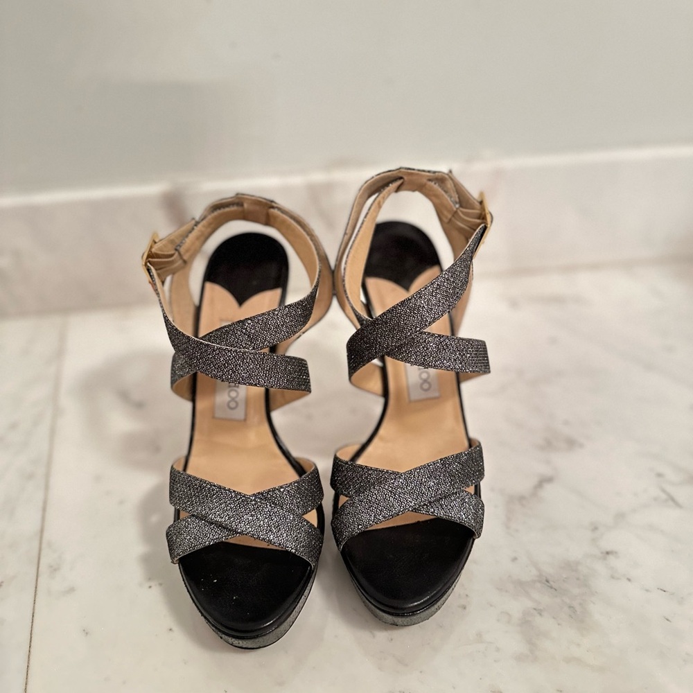 Jimmy Choo Metallic Grey Glitter Vamp Platform Sandals